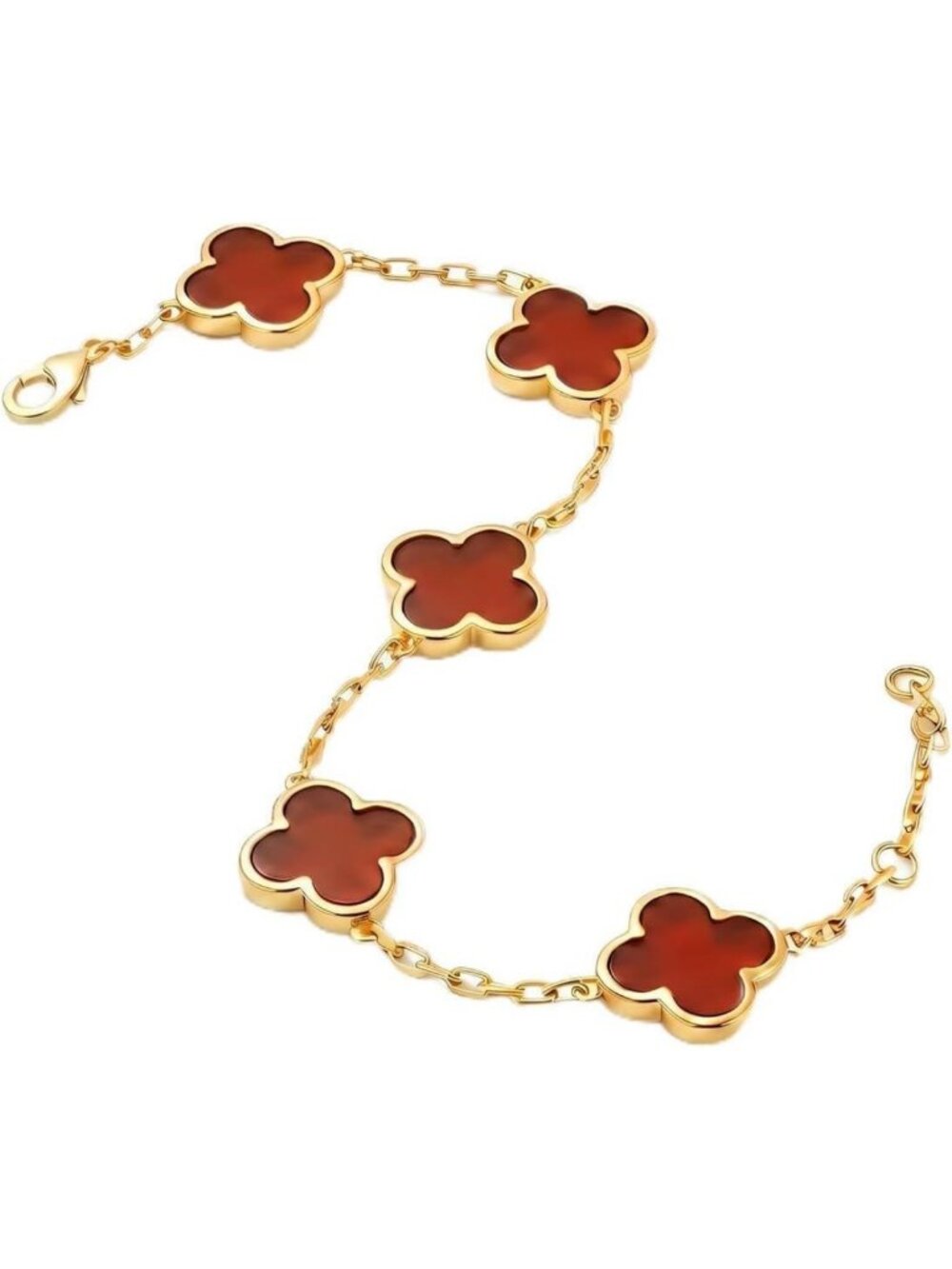 Gold Plated Clover Bracelet, Natural Red/Black Agate, Feng Shui Good Luck Gift